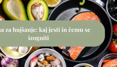 Barvit izbor zdrave hrane za hujšanje – losos, avokado, kozice, paradižnik, kumare, oljke in polnovredna živila na kuhinjski mizi.