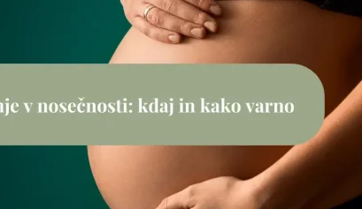 Nosečnica z rokami na zaobljenem trebuhu na temnem ozadju, simbol varnega hujšanja v nosečnosti