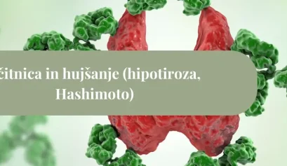 3D prikaz rdeče ščitnice, obdane z zelenimi avtoimunskimi protitelesi, z naslovom »Ščitnica in hujšanje (hipotiroza, Hashimoto)« na zelenem pasu