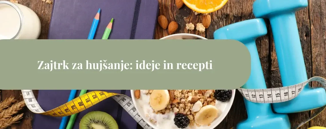 Skleda zdravega zajtrka z ovseno kašo, sadjem, utežmi in metrom kot simbol uravnoteženega zajtrka za hujšanje