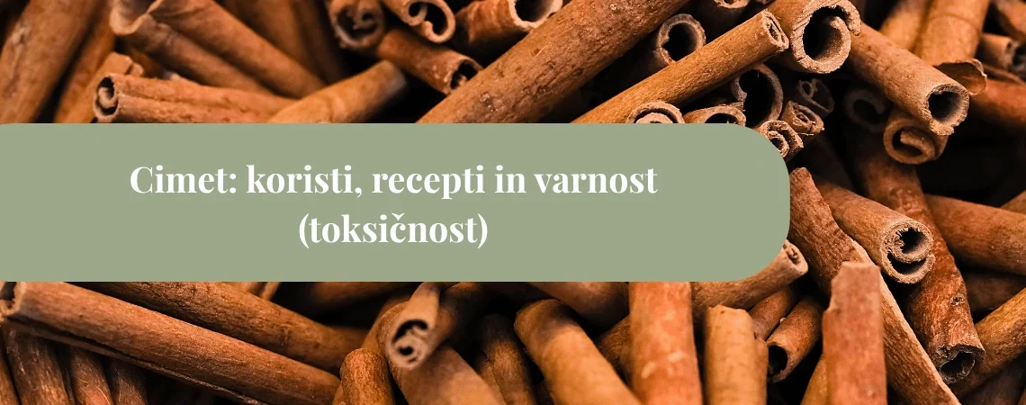 Kup cimetovih palčk v ozadju z naslovnim pasom “Cimet: koristi, recepti in varnost (toksičnost)”.