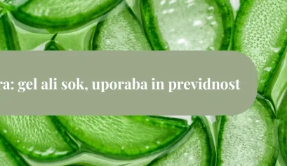 Rezine svežih listov aloe vere v makro posnetku, čez katere poteka zelenkast naslovni pas z napisom “Aloe vera: gel ali sok, uporaba in previdnost”.