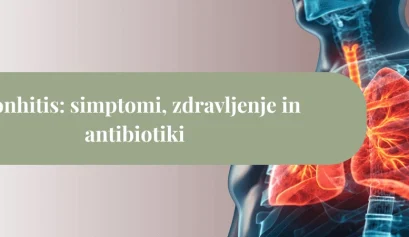 Ilustracija prsnega koša z oranžno-rdečimi, vnetimi bronhiji in pljuči, čez katero je zelenkast naslovni pas z napisom “Bronhitis: simptomi, zdravljenje in antibiotiki”.