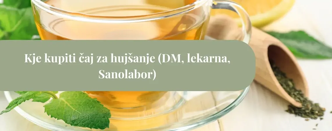 Skodelica zeliščnega čaja za hujšanje z meto in limono, primerna izbira iz DM, lekarne ali Sanolaborja za podporo apetitu in hidraciji