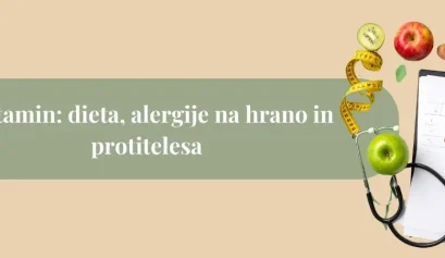 Ilustracija histaminske diete z sadjem, zelenjavo, merilnim trakom, stetoskopom, izvidom in epruvetami za histamin test na bež ozadju.