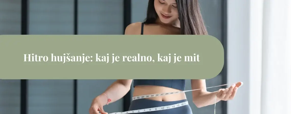 Ženska meri obseg pasu z merilnim trakom – hitro hujšanje, kaj je realno in kaj je mit.