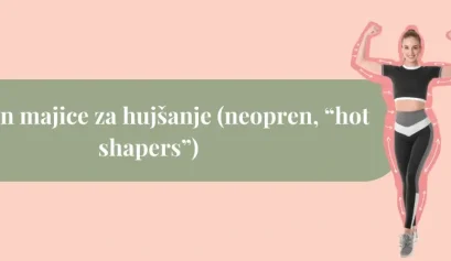 Ženska v športni opravi v neoprenskih hlačah za hujšanje ob napisu o hlačah in majicah za hujšanje na pastelno roza ozadju.
