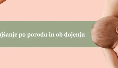 Mlada mama drži odvečno maščobo na trebuhu, ob strani doji dojenčka – naslov: Hujšanje po porodu in ob dojenju.