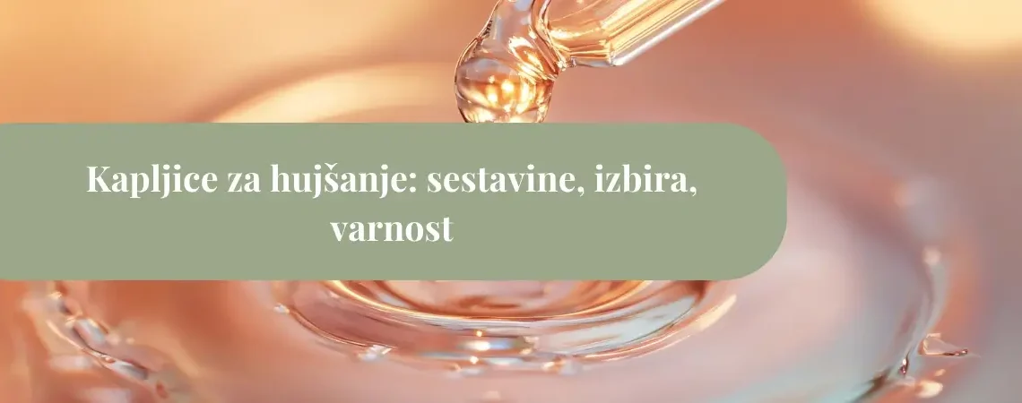 Kapljice za hujšanje – steklena kapalka nad sijočo tekočino, simbol izbire dodatkov, sestavin in varnosti pri hujšanju.