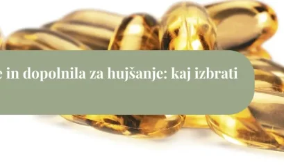 Prozorne zlate kapsule prehranskih dopolnil na belem ozadju z zelenim pasom in napisom »Kapsule in dopolnila za hujšanje: kaj izbrati«.