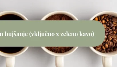 Tri bele skodelice od zgoraj: v prvi črna kava, v drugi mleta kava, v tretji kavna zrna, čez sliko zelen pas z napisom “Kava in hujšanje”.