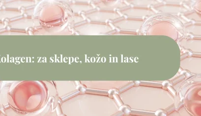 Rožnate kolagenske strukture in sferične kapljice na 3D mreži, preko katerih poteka zelen pas z napisom “Kolagen: za sklepe, kožo in lase”.