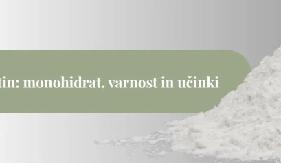 Kup beljenega praška kreatin monohidrata ob zelenem naslovnem traku z napisom »Kreatin: monohidrat, varnost in učinki«.