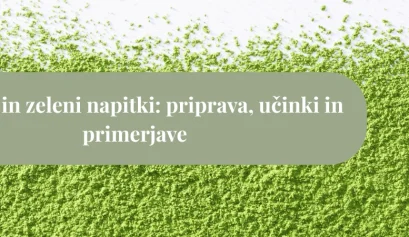 Svetlo zelen matcha prah razsut po belem ozadju z zelenim naslovnim pasom, na katerem piše »Matcha in zeleni napitki: priprava, učinki in primerjave«.