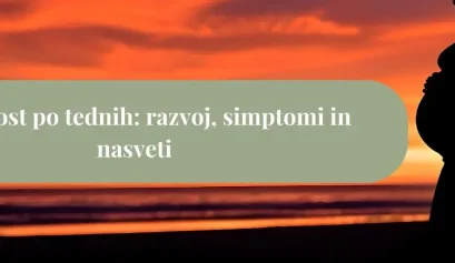 Nosečnica v profilu ob sončnem zahodu na plaži, silhueta z nosečniškim trebuhom, naslov Nosečnost po tednih na mirnem oranžnem ozadju.