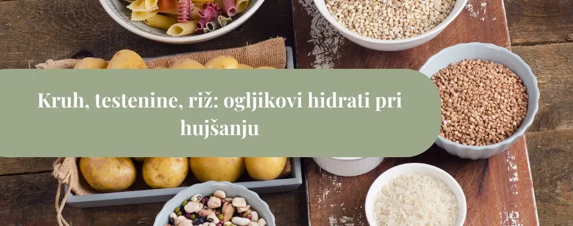 Sklede s kruhom, testeninami, rižem, krompirjem in žiti kot primeri ogljikovih hidratov pri hujšanju.