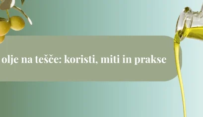 Ekstra deviško olivno olje, ki se preliva iz steklenice ob olivni veji, kot naslovna slika članka o olivnem olju na tešče.