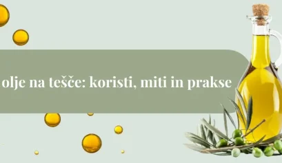 Steklenica ekstra deviškega olivnega olja z olivami in kapljicami na pastelni podlagi ter napisom »Olivno olje na tešče: koristi, miti in prakse«.