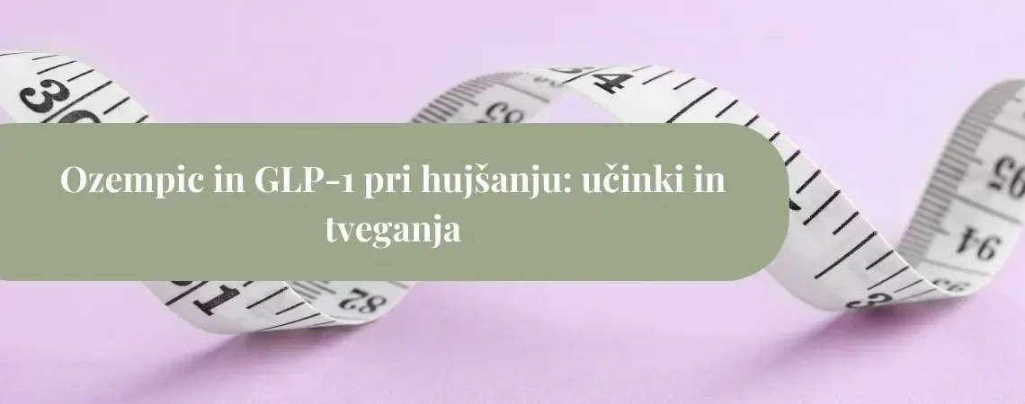 Merilni trak na vijolični podlagi, simbol hujšanja z GLP-1 zdravili (Ozempic, Wegovy): učinki, apetit in varnost terapije pri izgubi teže