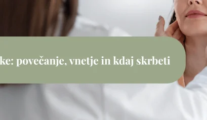 Zdravnik tipa bezgavke na vratu ženske; čez sliko poteka zelen pas z napisom »Bezgavke: povečanje, vnetje in kdaj skrbeti«.