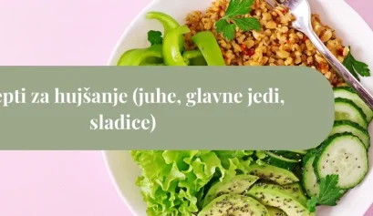 Barvit krožnik solate z ajdo, kumaro in listnato zelenjavo na rožnatem ozadju – vizualni prikaz uravnoteženih receptov za hujšanje.