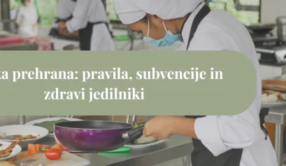 Šolski kuharji v kuharskih uniformah pripravljajo obroke v šolski kuhinji kot prikaz šolske prehrane in zdravega jedilnika.