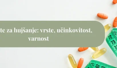 Tablete za hujšanje ob zeleni merilni vrvici na belem ozadju, simbol učinkovitosti, tveganj in nadzora pri uporabi zdravil za hujšanje.