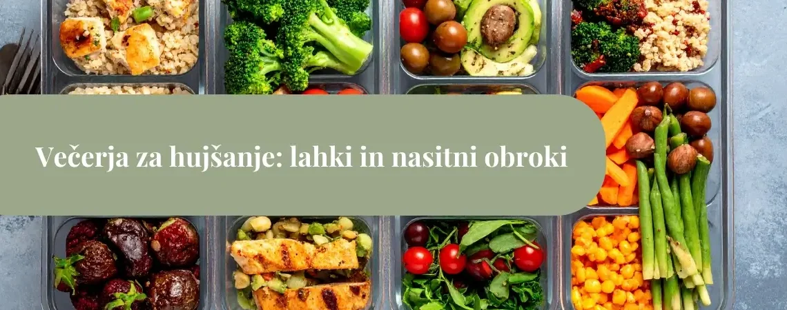 Barvite posodice z zdravimi večerjami – piščanec, zelenjava, žita in stročnice kot primeri lahkih, nasitnih obrokov za hujšanje.