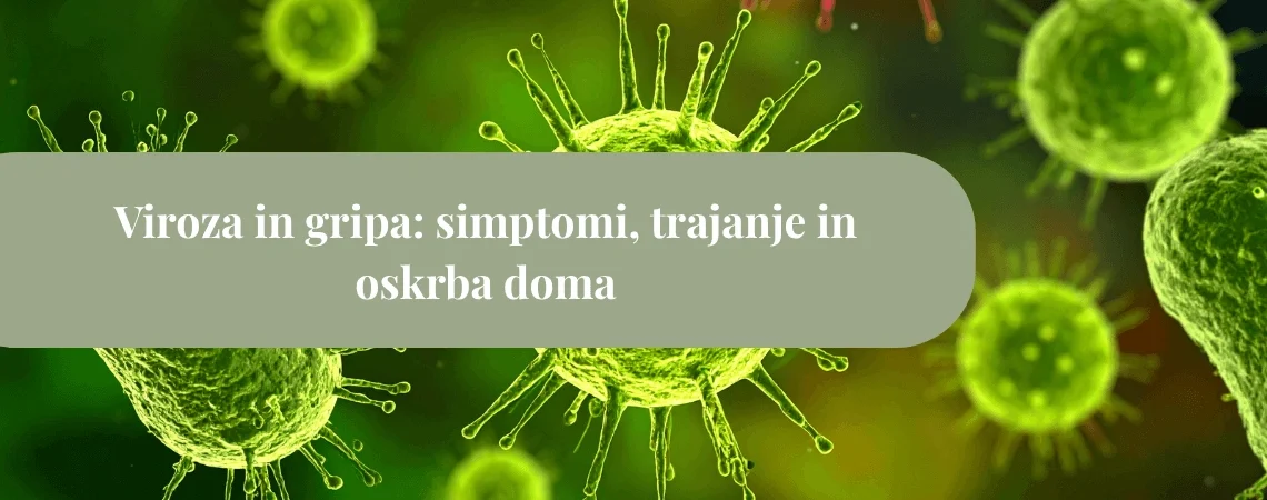 Mikroskopski prikaz virusnih delcev v zelenih in rumenkastih odtenkih na temnem ozadju.