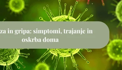 Mikroskopski prikaz virusnih delcev v zelenih in rumenkastih odtenkih na temnem ozadju.