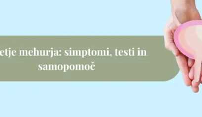 Ilustracija sečnega mehurja v dlaneh na modrem ozadju, ki simbolizira vnetje mehurja, pogostost uriniranja ter skrb za zdravje sečil.