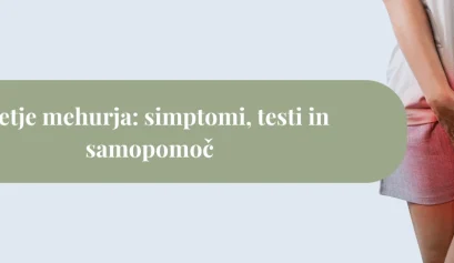Ženska s prekrižanimi nogami, ki drži predel mehurja zaradi bolečin, kot naslovna slika članka o vnetju mehurja.