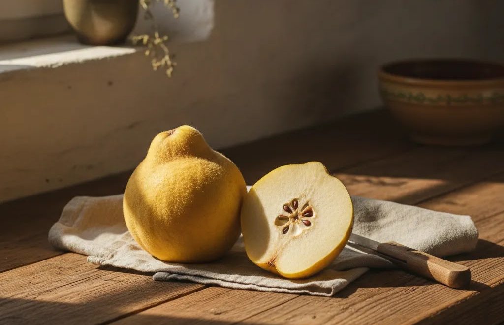 Kutina kot sveže sadje v premium uredniški postavitvi na leseni podlagi