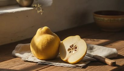 Kutina kot sveže sadje v premium uredniški postavitvi na leseni podlagi